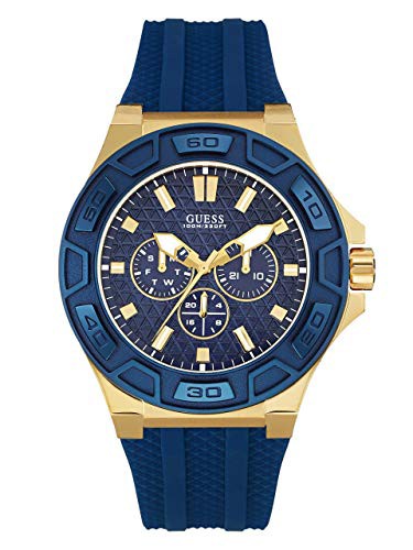 本物の Gold Tone Iconic Comfortable Guess Guess ゲス 腕時計 Blue Date Day With Watch Silicone Resistant Stain 腕時計メンズ Taller Fdp Com