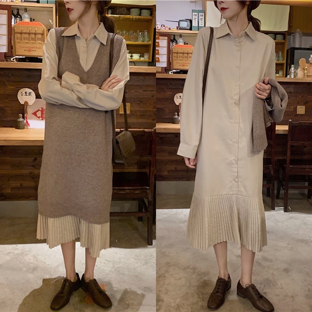 レイヤードワンピース ニットベスト ロングワンピース 春 韓国 ファッション レディース 春物 シャツワンピース ロングベスト ２点セットの通販はau Pay マーケット Vestito 商品ロットナンバー