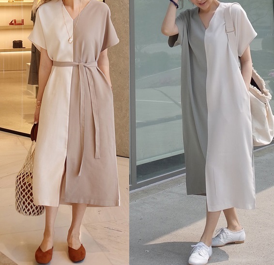 夏ワンピース バイカラー 夏服 韓国 ファッション レディース ｖネック ロングワンピース 半袖 ウエストマーク ワンピース ツートンカラの通販はau Pay マーケット Vestito 商品ロットナンバー