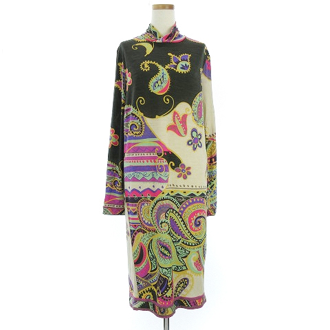 人気の Leonard Fuchsia ワンピース ロング 長袖 総柄 ペイズリー 大柄 ウール シルク混 マルチカラー 40 希少 Www Bnooon Com