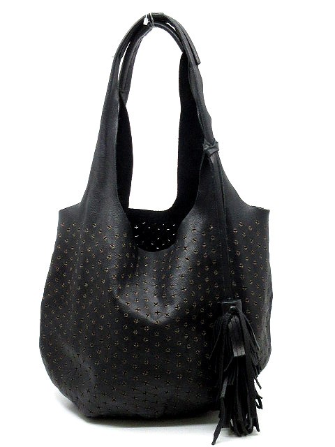 【】ナッパ レザー ハンドバッグ タッセル フリンジ付き カット ドット 黒 ブラック レディース 【】ナッパ レザー ハンドバッグ タッセル フリンジ付き カット ドット 黒 ブラック レディース