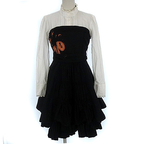 期間限定送料無料 アトリエピエロ 切替 ワンピース スタンドカラー ビスチェ風 レース フリル ひざ丈 長袖 ゴシック 黒 白 送料無料 Www Bayounyc Com