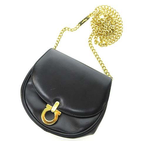 正規販売代理店 Salvatore Ferragamo ヴィンテージ チェーン ガンチーニ ゴールド金具 レザー ショルダー バッグ 黒 ブラック 第1位獲得 Travelstore Tn