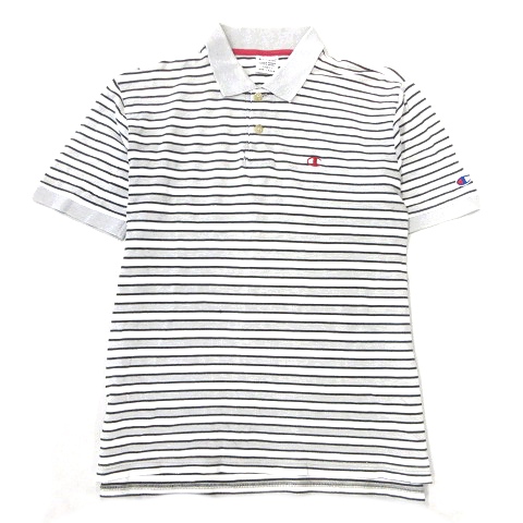 中古 チャンピオン Champion ボーダー ロゴ 刺繍 ポロシャツ カットソー 半袖 L グレー 黒 メンズ 10