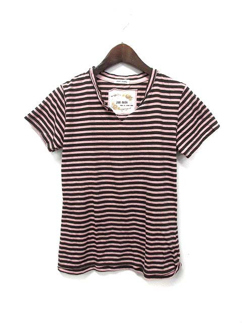 中古 Jean Mode Tシャツ M ピンク 茶 ブラウン ポリエステル 半袖 ボーダー スキッパー レイヤード レディース