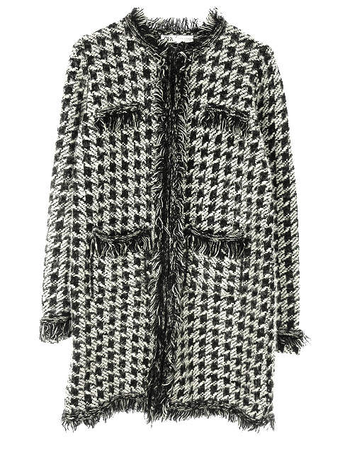 中古 ザラ Zara ノーカラー ツイード コート ウール混 S フリンジ