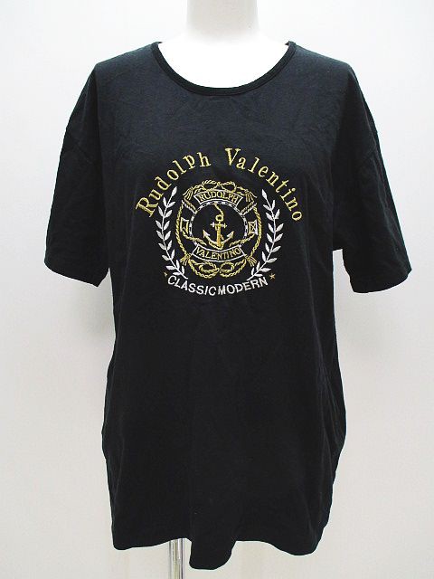 中古 ルドルフヴァレンチノ Rudolph Valentino 半袖 Tシャツ カットソー ブランド ロゴ 丸首 M 黒 ブラ