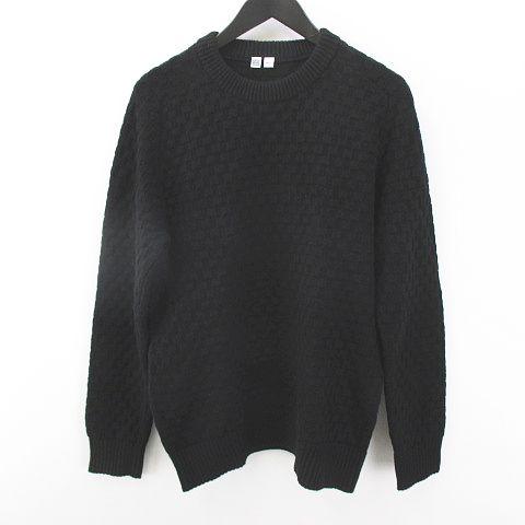 中古 ユニクロ Uniqlo U 長袖 ニット セーター L 黒系 ブラック リブ 毛 ウール 総柄 メンズ