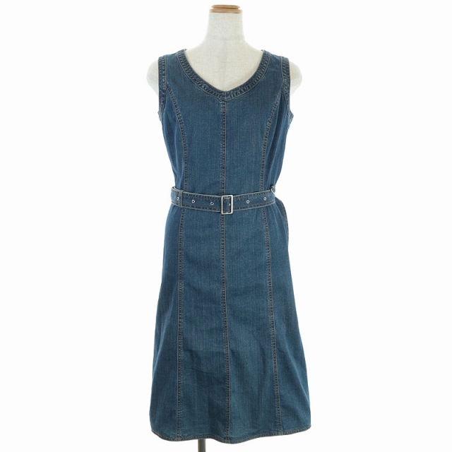 在庫一掃最安挑戦 バーバリー ロンドン Burberry London ノースリーブデニムワンピース Aライン ミモレ丈 38 インディゴ 紺 輝く高品質な Parjal Fr