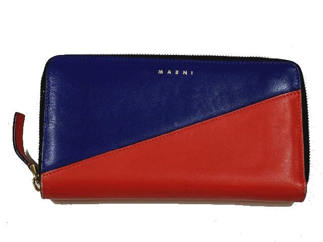 【中古】18SS マルニ MARNI ラムレザー バイカラー ラウンドファスナー 長財布 ロングウォレット ブルー レッド