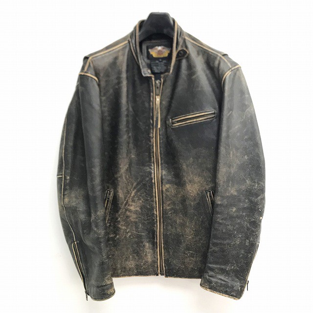 【中古】ハーレーダビッドソン HARLEY DAVIDSON シングルライダースジャケット レザージャケット 革ジャン 黒 XLの通販はau