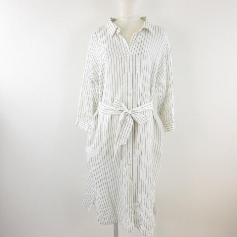プラステ Plst シャツワンピース ロング 長袖 リネン混 ストライプ 白 M E471 レディース Merina Co