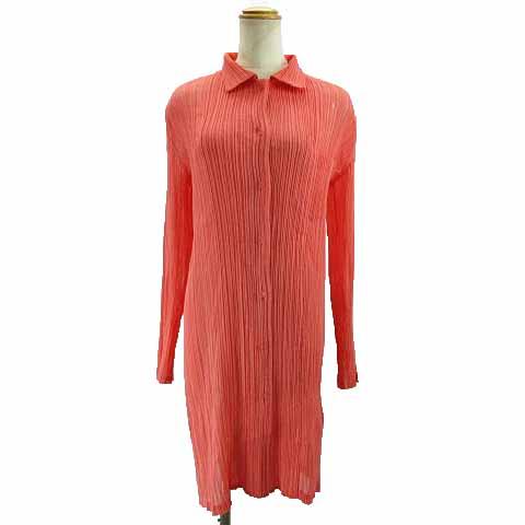 在庫処分セール イッセイミヤケ Issey Miyake プリーツシャツワンピース ひざ丈 長袖 ポケット ピンク L Ibo11 レディース お洒落 Icctower Mn
