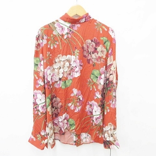 サガス 未使用品 グッチ Gucci シャツ 長袖 花柄 プリント リボン シルク オレンジ 赤 パープル