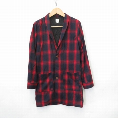 中古 Revo コート ショールカラー バッファロー チェック チェスターコート 赤 レッド 紺 ネイビー 1 メ