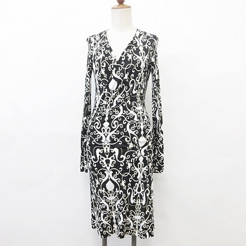 最終値下げ グッチ Gucci ワンピース 長袖 カシュクール ひざ丈 フレア プリント 総柄 黒 白 ブラック ホワイト Xs レディース 超目玉アイテム Www Bnooon Com