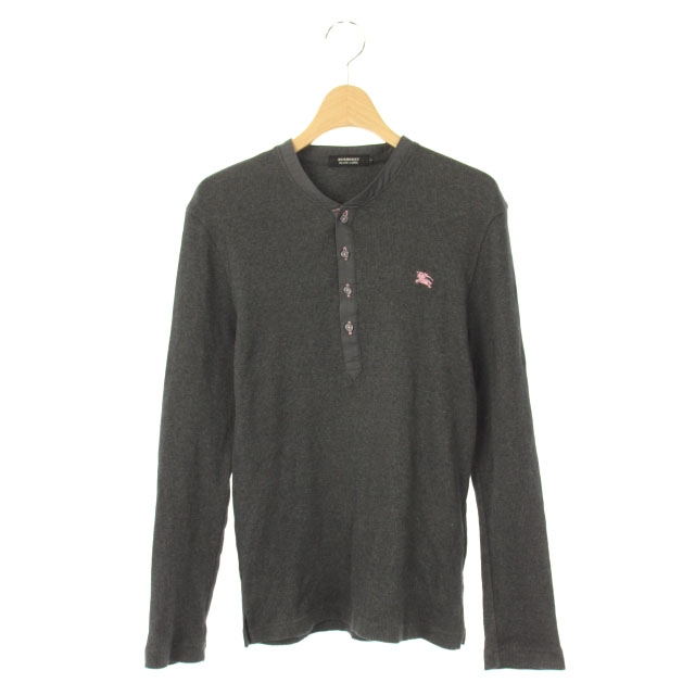 中古 バーバリー Burberry Black Label ヘンリーネック ニット カットソー リブ 長袖 チェック 2 グレ