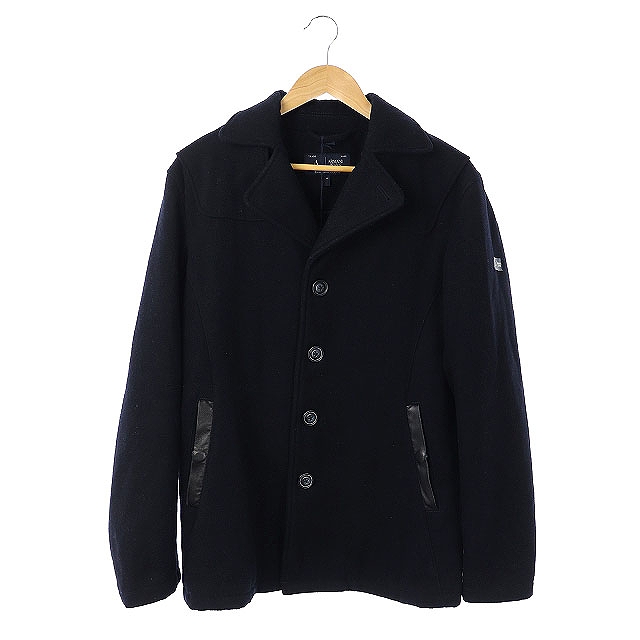 再再販 Armani Jeans Pコート ピーコート アウター シングル 切替 レザー キルティング 46 紺 ネイビー Df メンズ 超人気 Olsonesq Com