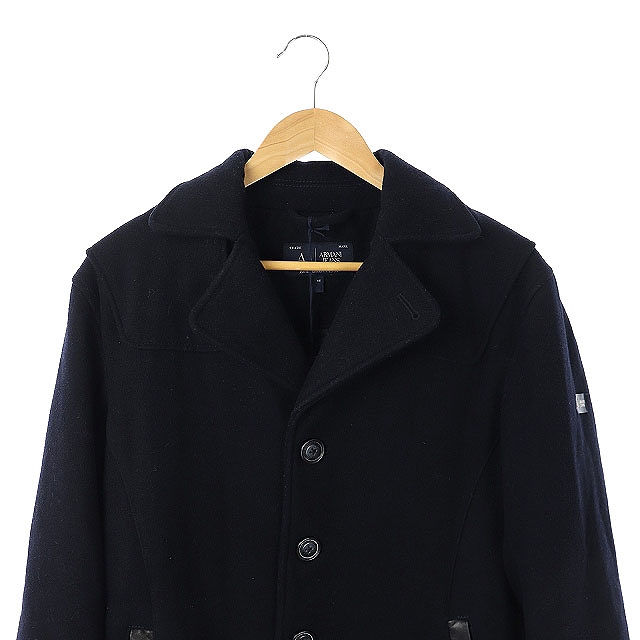 値引 Armani Jeans Pコート ピーコート アウター シングル 切替 レザー キルティング 46 紺 ネイビー Df メンズ 最高の Olsonesq Com