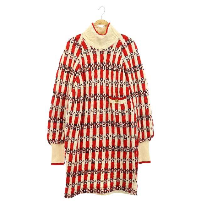 100 安心保証 シャネル Chanel ニット ワンピース ひざ丈 長袖 ストライプ ボリュームネック 42 アイボリー 赤 在庫限りセール Theblindtigerslidell Com