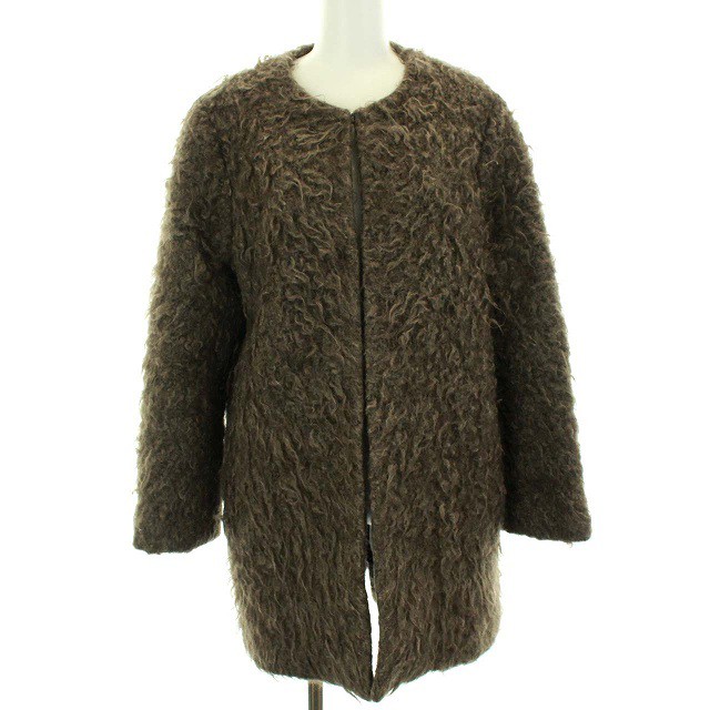 【】サキ saqui 17AW ノーカラーコート ミドル丈 ウール混 モヘア混 36 S 茶 ブラウン /NN ■EC レディース