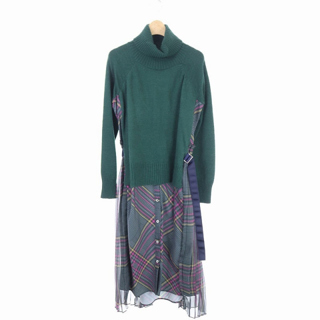 お気にいる サカイ Sacai タートルネックチェックニットワンピース ロング 長袖 切替 3 緑 グレー マルチカラー Es Os 安いそれに目立つ Olsonesq Com