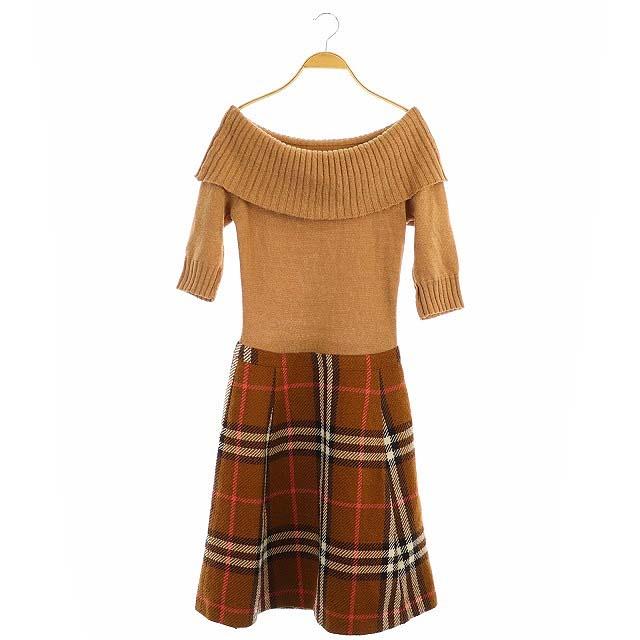 感謝価格 バーバリーブルーレーベル ニット 切替 チェック ワンピース ひざ丈 オフショルダー 五分袖 38 茶 レディース 安心の日本製 Arnabmobility Com