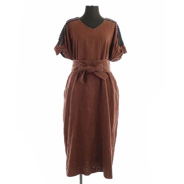 特別価格 ステラシフォン Stella Ciffon リネンワンピース ロング 半袖 Vネック リボンベルト付き 36 茶 黒 レディース 好評継続中 今だけ限定価格 Carlavista Com