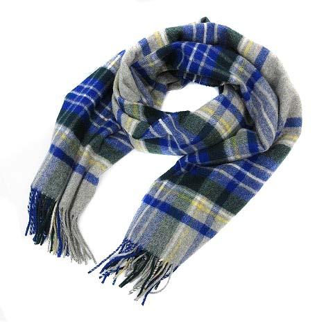 大特価 Of Johnstons 中古 ジョンストンズオブエルガン Elgin 青 チェック カシミヤ フリンジ マフラー ストール ファッション小物