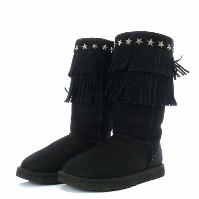 【中古】ジミーチュウ JIMMY CHOO UGG ムートンブーツ ロング フラット スタースタッズ フリンジ US7 黒 3045