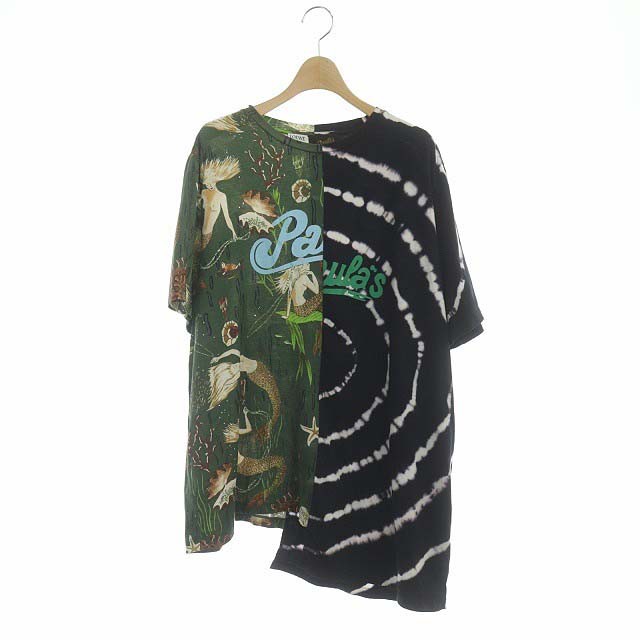 【中古】ロエベ LOEWE Paula's Ibiza 2020年 Tシャツ 総柄 カットソー プルオーバー 半袖 XS 黒 緑 ブラック グリーン