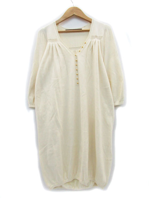 中古 レイビームス Ray Beams ワンピース ニット リブ 七分袖 ミニ丈 Vネック 無地 薄手 ベージュ レディース