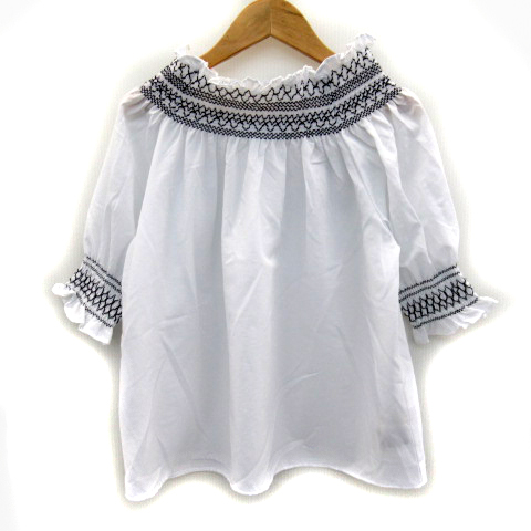 中古 ディスコート ブラウス カットソー 七分袖 オフショルダー 刺繍 フリル M 白 ホワイト ブラック レディース