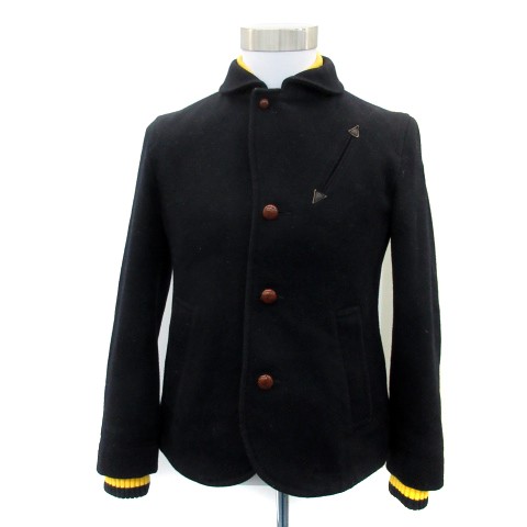中古 フラボア Frapbois コート ステンカラー ショート丈 ウール 1 黒 ブラック 黄色 イエロー Ys28 メン