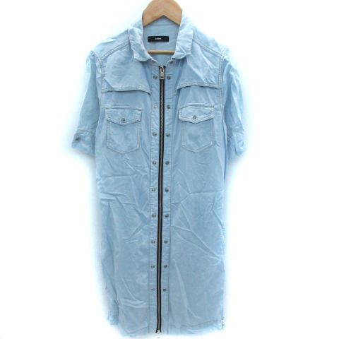 中古 ディーゼル Diesel ワンピース 引出物 ひざ丈 五分袖 ライトブルー Xs 水色 シャンブレー レディース ダブルジップ