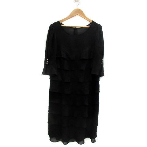 中古 国内即発送 モガ Moga ワンピース ひざ丈 ティアード 七分袖 ラウンドネック 黒 レディース 無地 2 Ys17 ブラック