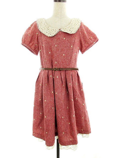 中古 即納送料無料 未使用品 オリーブデオリーブ Olive Des ワンピース ミニ 半袖 赤 M2 F 総柄 レデ レッド