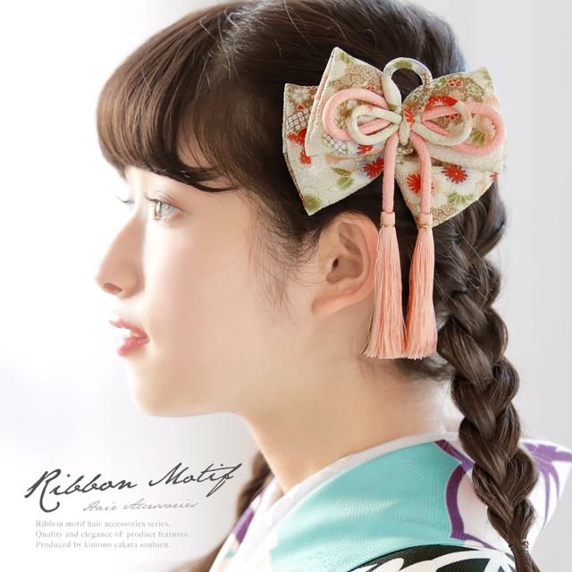 初回限定 髪飾り リボン 象牙色 アイボリー ピンク 花柄 古典柄 りぼん 組紐 房飾り 縮緬 ちりめん 和柄 成人式 振袖向け 卒業式 和装 Finalsale対象商品30 Off Ultragreencoffee1 Com
