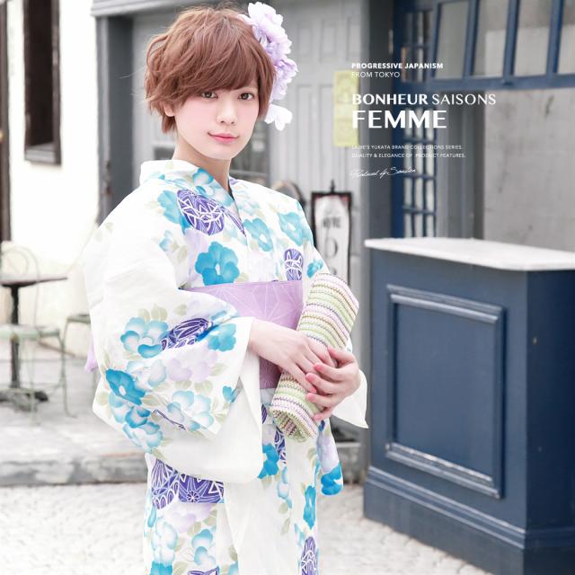 レトロ 浴衣セット 白系 3点セット 通販 レディース 椿 大人 浴衣セット 浴衣 紫 和装 和服 つばき ホワイト 水色 鞠 ラメ 綿麻 半幅帯 女性 ボヌールセゾン