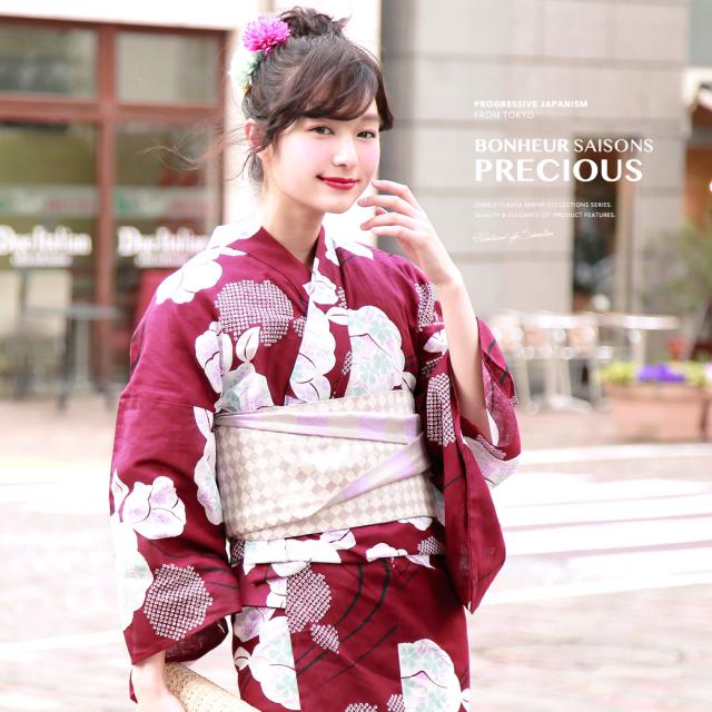 新品 浴衣セット レディース レトロ 浴衣セット 大人 3点セット 赤 レッド ベージュ 椿 鹿の子 流水文 ラメ 綿麻 半幅帯 女性 ボヌールセゾン 本日超得 Kzt Zf Jcu Cz