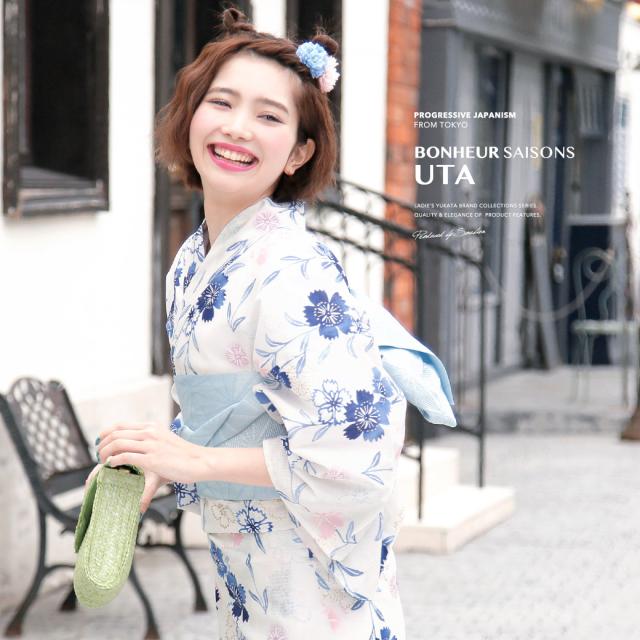 クーポン発行 浴衣セット レディース レトロ 浴衣セット 大人 3点セット 白系 ホワイト 水色 撫子 花 綿 ラメ 半幅帯 女性 ボヌールセゾン フリー Saleアイテム Carlavista Com