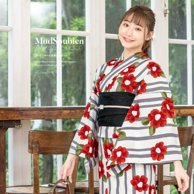 上質で快適 浴衣セット レディース レトロ 浴衣セット 大人 3点セット 白系 ホワイト 赤 灰色 黒 椿 花 縞 ストライプ モダン 変わり織り 夏祭り 花 New限定品 Desmarques Etvous Fr