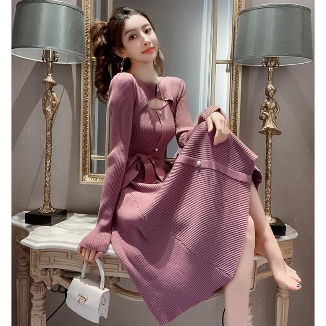 安い レディース ワンピース メリヤス ニットワンピース 長袖 ロング丈 セーター 着痩せ タイト エレガント パープル 秋冬 在庫限り Farmerscentre Com Ng