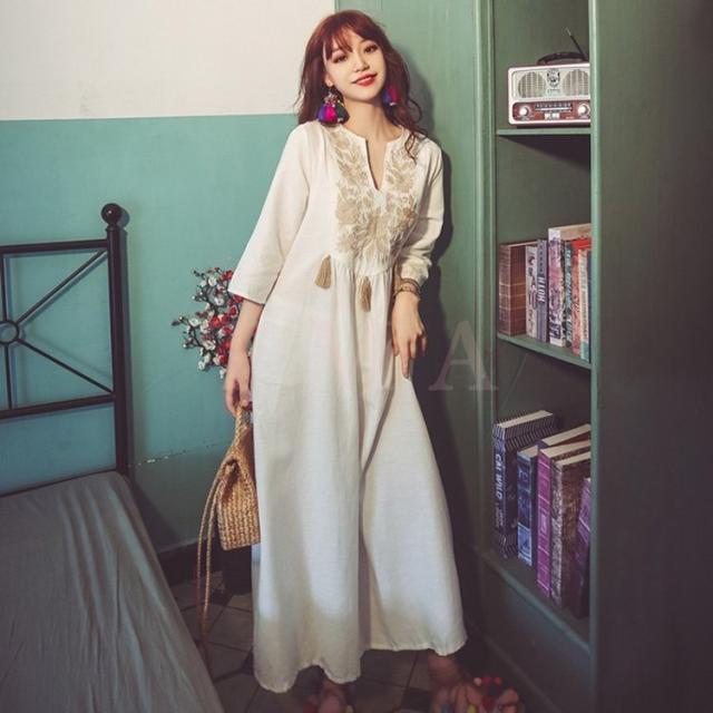 オープニング大放出セール ワンピース レディース 40代 マキシワンピース 春夏秋 七分袖ワンピース花刺繍 Vネックブボヘミア風ロングr丈スカート オシャレ 旅行 ビ 決算特価 送料無料 Gdpcambodia Org