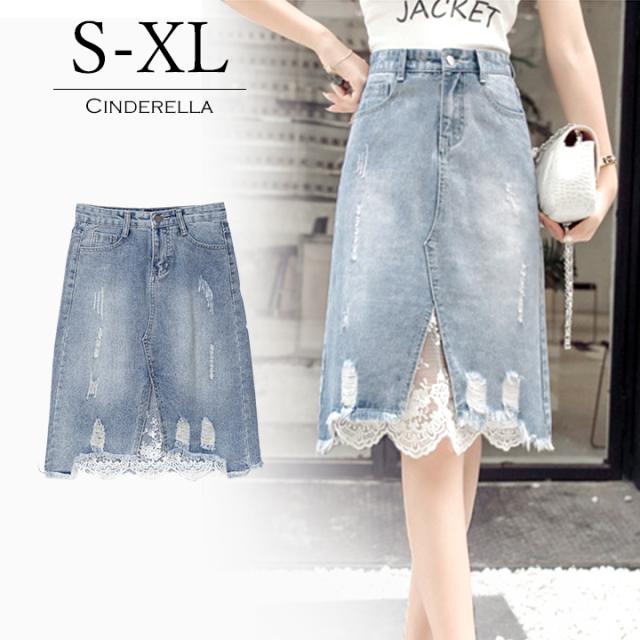 デニム ミニスカート 膝丈 スカート タイト レディース ネイビー 紺