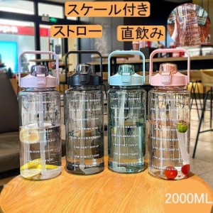 水筒 目盛り付き ボトル 2L ウォーターボトル 2リットル タイムマーカー ストロー付き 携帯便利 漏れ防止 高い密封性 子供 透明 目盛り 