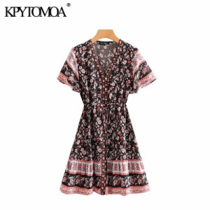 Women Bohemian Vintage Floral Print Mini Dress V Neck Short Sleeve Drawstring Tie Boho Summer Beach Dresses Vestidos