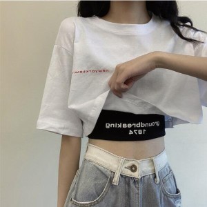 Tシャツ ２枚セット　ショートタンクトップ レディース 半袖 へそ出し ショート丈 トップス 春夏秋 ゆるい 韓国ファッション 原宿系