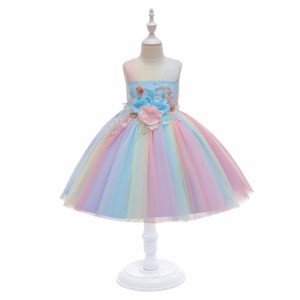 ドレス キッズ レインボーカラー ジュニアドレス ノースリーブ フォーマル 女児 チュールワンピース 虹色 袖なし ワンピース