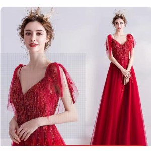 ゲストドレス 赤 ロングドレス 高級感 イブニングドレス Vネック 袖あり パーティードレ 二次会 お呼ばれ 編み上げ 演奏会ドレス